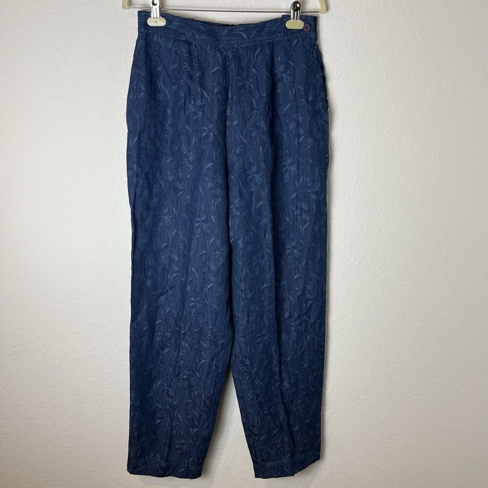 Talbots Vintage Linen Pants 10 Blue Brocade‎ Floral Tapered Legs 212